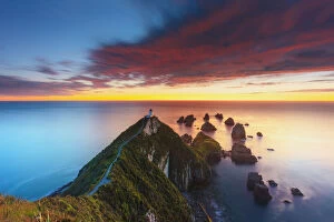 Elevated view of Nugget Point lighthouse in the Catlins national park, Otago