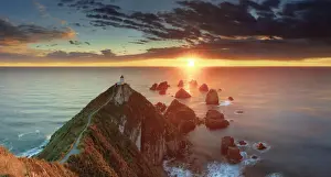 Elevated view of Nugget Point lighthouse in the Catlins national park, Otago
