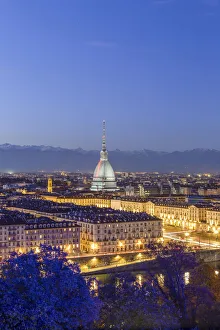 Dusks Prints: Elevated view of old town of Turin(Torino) at dusk. Piemonte region, Italy, Europe