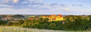 Images Dated 29th June 2015: Elevated view towards the picture-perfect Harburg Castle illuminated at sunset, Harburg