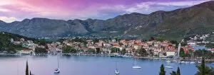 Images Dated 29th May 2014: Elevated view over picturesque harbor town of Cavtat illuminated at sunset, Cavtat