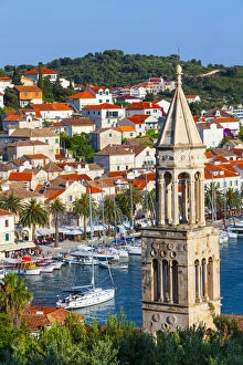 Elevated view over the picturesque harbour town of Hvar, Hvar, Dalmatia, Croatia