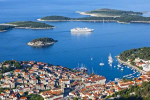 Elevated view over the picturesque harbour town of Hvar, Hvar, Dalmatia, Croatia