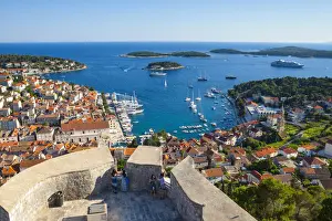 Elevated view over the picturesque harbour town of Hvar from the Citadel, Hvar Town