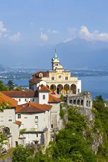 Elevated view over the picturesque Sanctuary of Madonna del Sasso, Locarno, Lake Maggiore