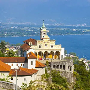 Elevated view over the picturesque Sanctuary of Madonna del Sasso, Locarno, Lake Maggiore