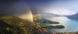 Observation Deck Prints: Elevated view of Queenstown and Wakatipu lake with a double rainbow, South Island