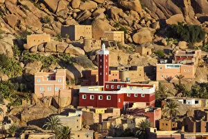 Elevated view over the Red Mosque of Adai, Tafraoute, Anti Atlas, Morocco