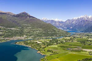Plain Prints: Elevated view of river Mera flowing into Lake Como, Alto Lario, Como province, Lombardy