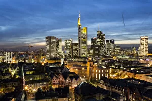 Elevated view over Romer Square and the financial district, Frankfurt am Main, Hesse