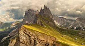Elevated view from the top of Seceda mountain, of the Odle Mountains, Puez Odle Natural