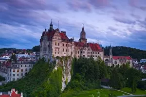 Images Dated 22nd August 2014: Elevated view towards Sigmaringen Castle illuminated at dusk, Swabia, Baden Wurttemberg