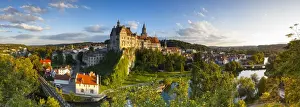 Elevated view towards Sigmaringen Castle illuminated at sunset, Swabia, Baden Wurttemberg