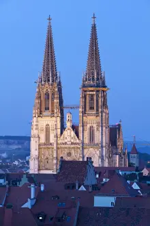 Elevated view towards St. Peters Cathedral illuminated at Dusk, Regensburg, Upper Palatinate