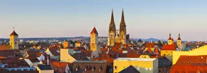 Elevated view towards St. Peters Cathedral illuminated at sunset, Regensburg, Upper Palatinate
