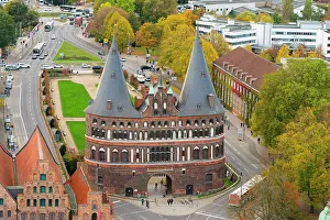Elevated view of tourists at famous Holstentor, Lubeck, UNESCO, Schleswig-Holstein, Germany