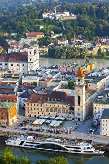 Elevated view over the Town Hall and The River Danube, Lower Bavaria, Bavaria, Germany