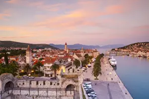 Elevated view over Trogirs Stari Grad (Old Town) illuminated at sunset, Trogir, Dalmatia