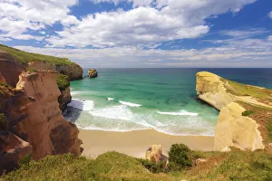 Elevated view of Tunnel Beach near Dunedin, Otago, New Zealand