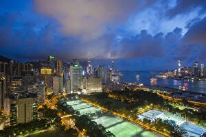 Elevated view, Victoria park and Central district of Hong Kong Island, Hong Kong, China