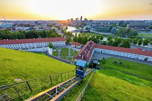 Funicular Prints: Elevated View of Vilnius at Sunset from Gediminas Hill showing The Funicular