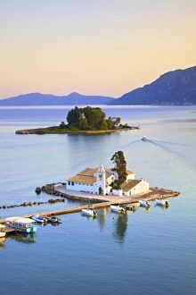 Corfu Gallery: Elevated View to Vlacherna Monastery and the Church of Pantokrator on Mouse Island