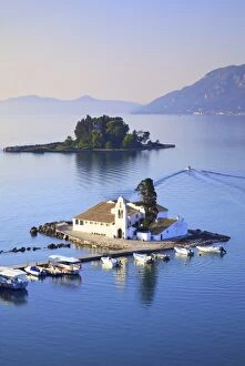 Corfu Gallery: Elevated View to Vlacherna Monastery and the Church of Pantokrator on Mouse Island