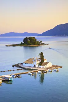 Elevated View to Vlacherna Monastery and the Church of Pantokrator on Mouse Island