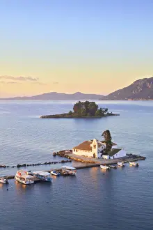 Elevated View to Vlacherna Monastery and the Church of Pantokrator on Mouse Island