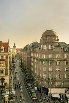 City Square Gallery: Elevated view of Vodickova street with trams by Wenceslas Square, Prague, Bohemia