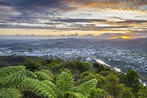 Elevated view over Whangarei Central Business District at sunset, Whangarei, Northland, North Island, New