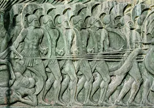 Embossment of the Battle of Issus in 333 B. C. where the army of Alexander the Great defeated the Persian king Darius III, Monument of Alexander the Great, Thessaloniki, Central Macedonia, Greece