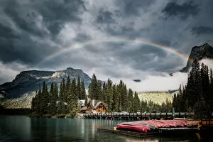 Images Dated 21st February 2020: Emerald Lake in the Canadian Rockies, British Columbia, Canada. Canoa at sunset