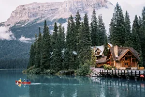 Images Dated 21st February 2020: Emerald Lake in the Canadian Rockies, British Columbia, Canada. Canoa at sunset