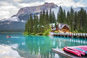 Images Dated 21st February 2020: Emerald Lake in the Canadian Rockies, British Columbia, Canada. Canoa at sunset
