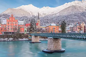 Inntal Prints: Emile Bethouart bridge with the Sankt Nikolaus church and the Nordkette mountains in the background