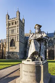 Exeter Prints: England, Devon, Exeter, Exeter Cathedral and Statue of Richard Hooker