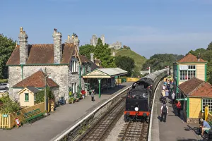 England, Dorset, Isle of Purbeck, Corfe Castle, The Historic Railway Station and Steam Train