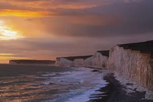 England, East Sussex, Eastbourne, Birling Gap, The Seven Sisters Cliffs and Beach in The Late Afternoon Light