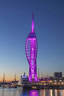 Images Dated 23rd August 2021: England, Hampshire, Portsmouth, Spinnaker Tower and City Skyline Illuminated at Night