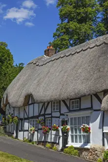 Hampshire Prints: England, Hampshire, Wherwell, Traditional Thatched Cottages