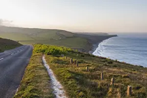 Hiking Trail Prints: England, Isle of Wight, Coastal View of Road and Hiking Path with Brightstone Bay in the Distance