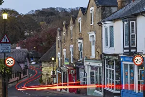 Empty Road Prints: England, Isle of Wight, Shanklin Old Village, Row of Shops and Empty Road