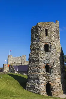 Roman Ruins Prints: England, Kent, Dover, The Roman Lighthouse and Dover Castle