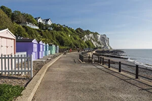 English Coast Collection: England, Kent, Dover, St. Margarets Bay, Beach Huts and Cliff Top Housing