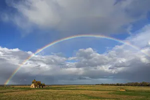 Marshes Prints: England, Kent, Romney Marsh, Fairfield, St. Thomas Becket Church and Rainbow