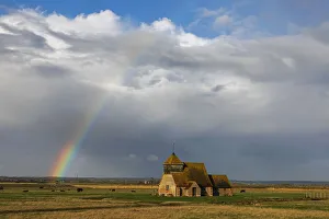 Marshes Prints: England, Kent, Romney Marsh, Fairfield, St. Thomas Becket Church and Rainbow