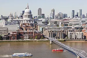 England, London, Aerial View of St Pauls Cathedral and River Thames
