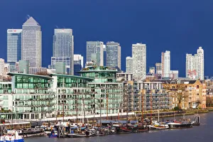 Thames River Prints: England, London, Canary Wharf and Docklands Skyline
