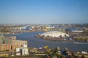 O2 Arena Prints: England, London, Canary Wharf, London skyline towards O2 Arena, (Millennium Dome)